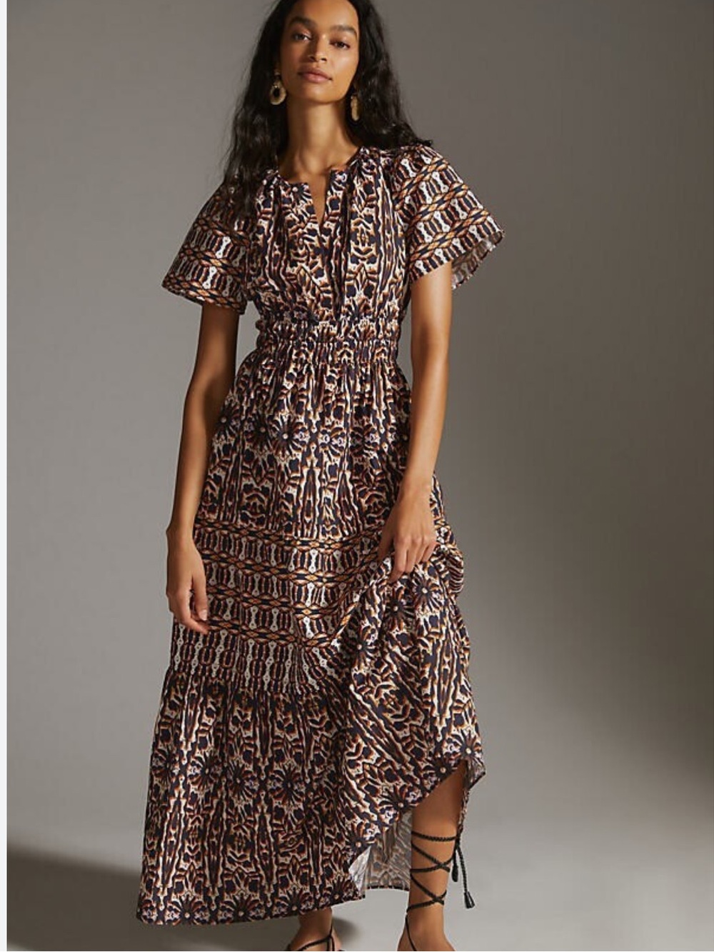Anthropologie Maeve Somerset Tiered Maxi Dress Size 1X Orange Navy Geometric
